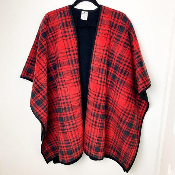 Woolrich reversible black red plaid poncho fleece One Size - Picture 2 of 6